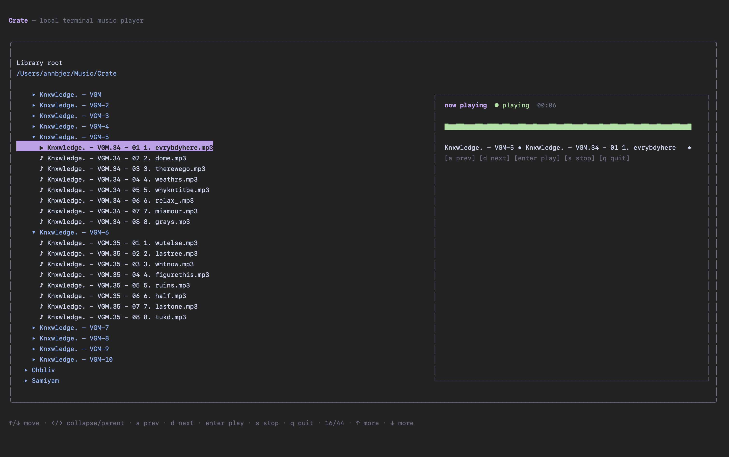 Crate showing a folder-based music library, the current track, and a waveform in the terminal