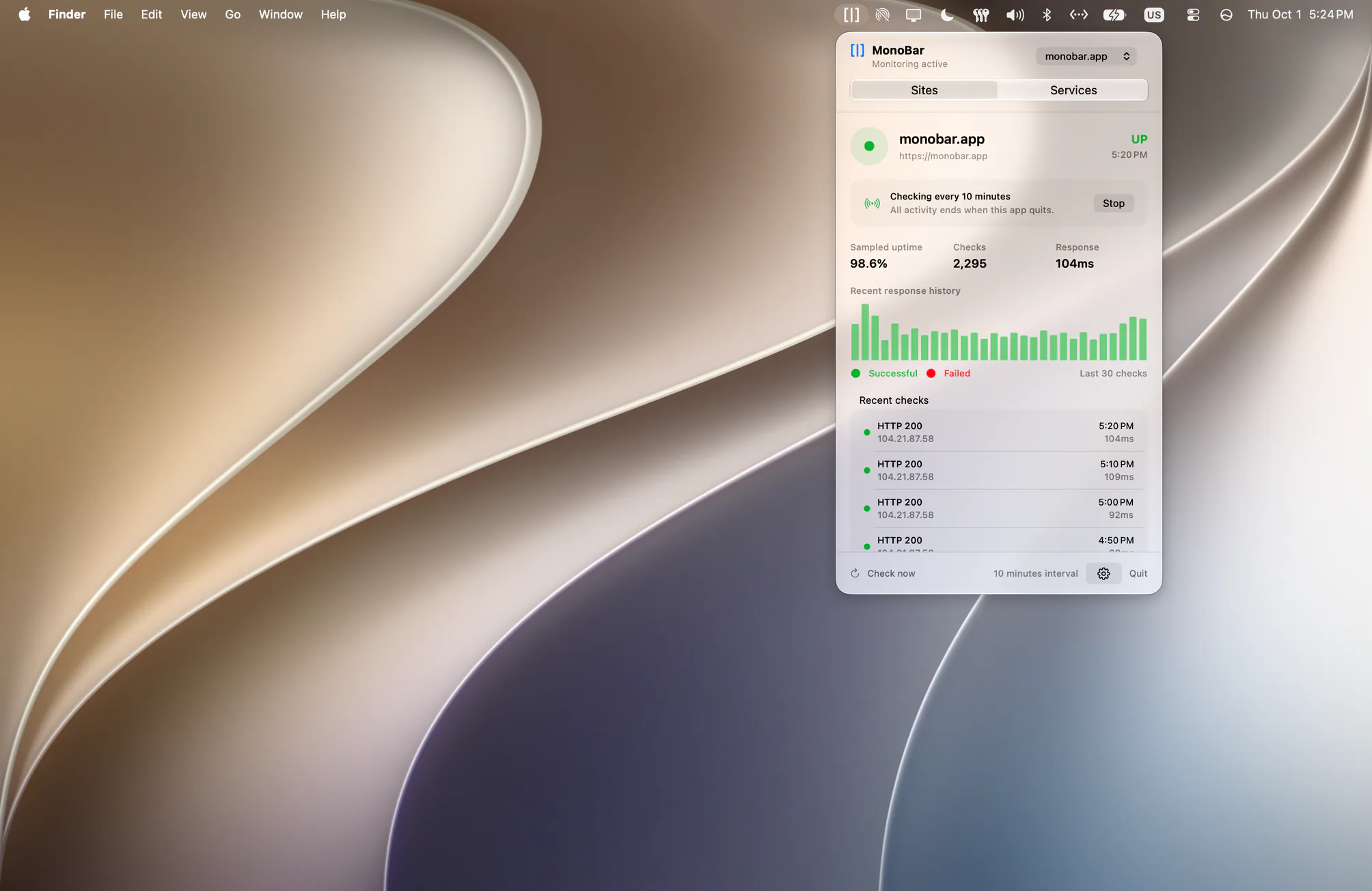 A macOS 27 desktop with the MonoBar 1.2 menu-bar dashboard open, showing monobar.app’s status, sampled uptime, response history, and recent checks.