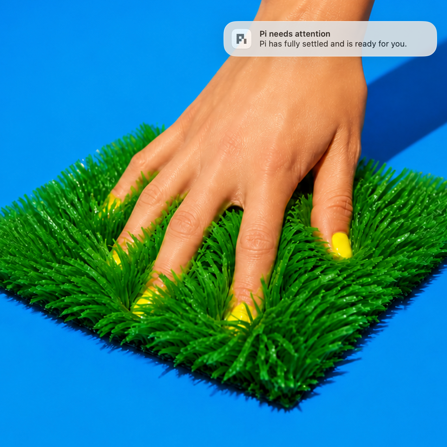 A hand touching grass beside a notification saying Pi has fully settled and is ready for you